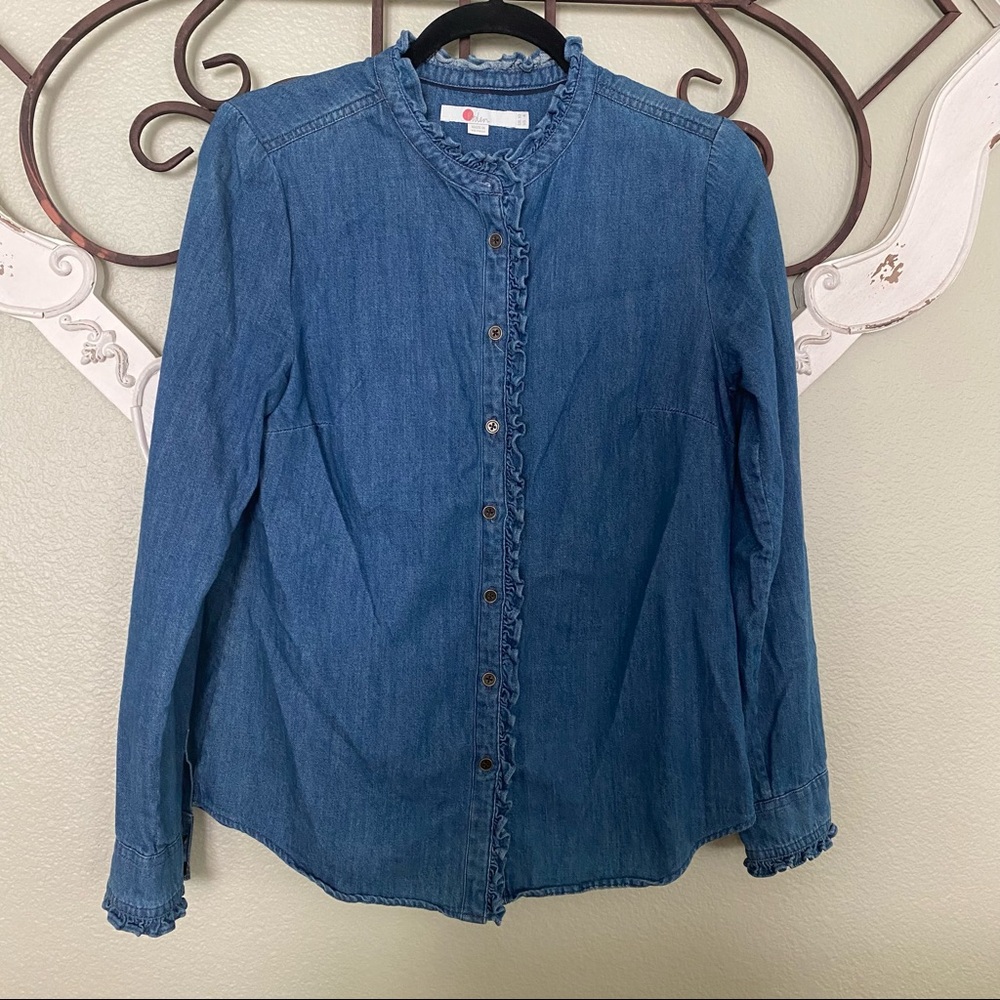 Boden Y2K Ruffle Long Sleeve Button Up Shirt